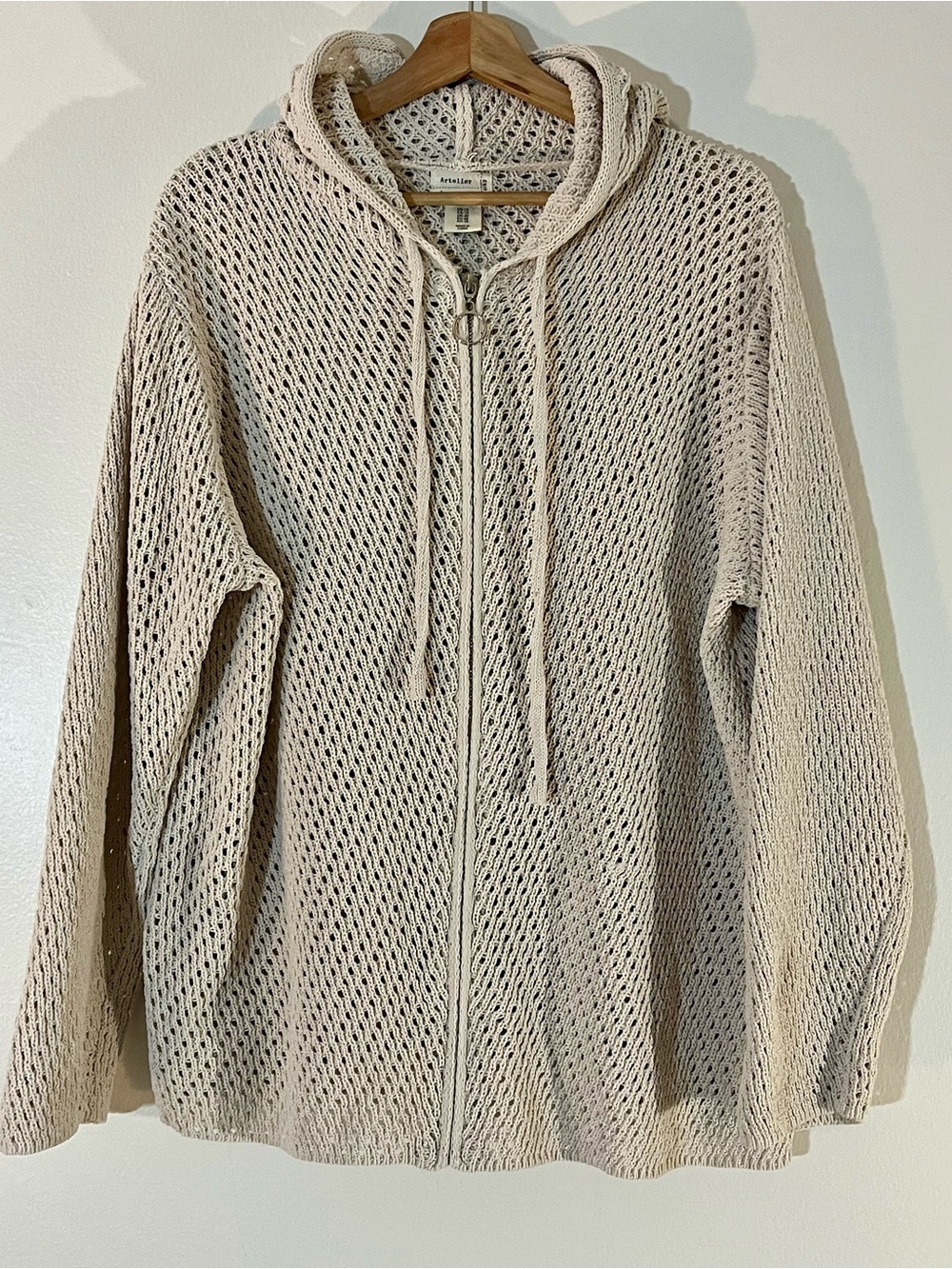 Nicole Miller Beige Open Crochet Hooded Zip Cardigan size 1X